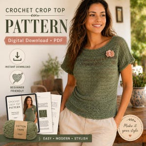 以下が含まれることがあります： 「CROCHET CROP TOP PATTERN」と「Digital Download • PDF」のテキストが入った、かぎ針編みのクロップトップのパターン。画像には、グリーンのクロップトップを着てピンクの花をつけた女性が写っています。綿糸の玉とパターンの説明書も表示されています。
