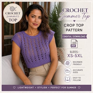 Peut inclure: Une femme porte un haut court en crochet violet. L'image est une publicité pour un patron de crochet, avec le texte "CROCHET Summer Top" et "CROP TOP PATTERN". Le patron est un téléchargement numérique, disponible en tailles XS-5XL.