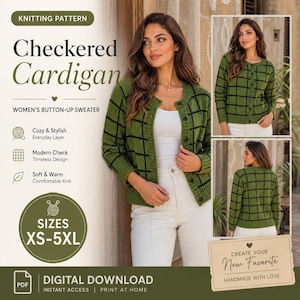 Peut inclure: Un patron de tricot pour un cardigan à carreaux, un pull boutonné avec un motif à grille vert et noir. Le téléchargement numérique inclut les tailles XS-5XL. L'image montre le pull de face et de dos, avec des manches longues et des bords-côtes.