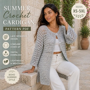 Peut inclure: Un cardigan en crochet gris clair avec un motif ajouré en dentelle, des manches longues et une fermeture boutonnée. Le texte sur l'image indique : SUMMER Crochet CARDIGAN PATTERN PDF, SIZES XS-5XL, LACE OPENWORK DESIGN, LONGLINE COVER UP, DIGITAL DOWNLOAD, LIGHTWEIGHT & BREATHABLE, BOHO SUMMER STYLE.