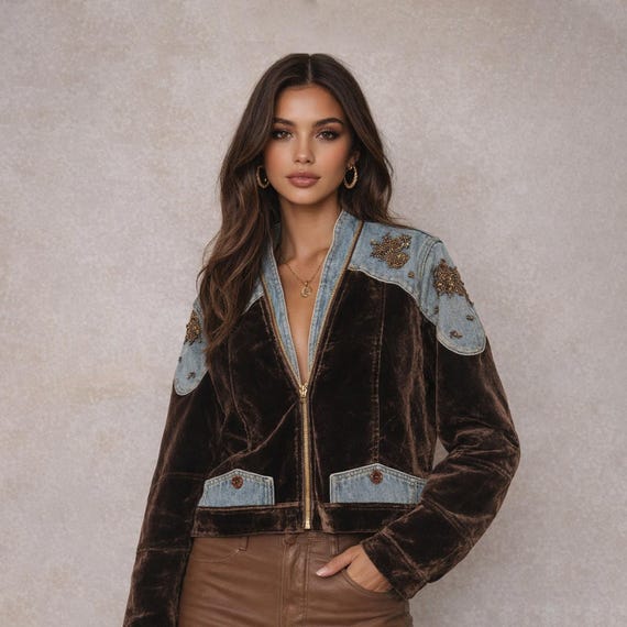 Handmade Velvet Jacket Women, Embroidered Denim Jacket, Cropped Vintage Jacket, Unique Artisan Jacket, Statement Fashion Jacket,Gift for Her