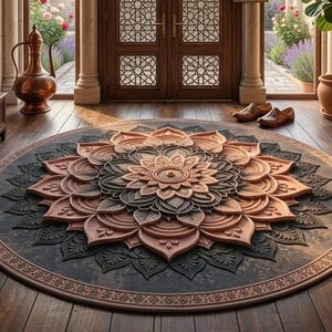 Könnte beinhalten: Ein großer runder Teppich mit einem detaillierten, dreidimensional wirkenden Mandalamuster in Terrakotta-, Kupfer- und dunklen Anthrazittönen. Das komplexe florale Design strahlt von der Mitte aus auf einem dunklen, strukturierten Hintergrund.