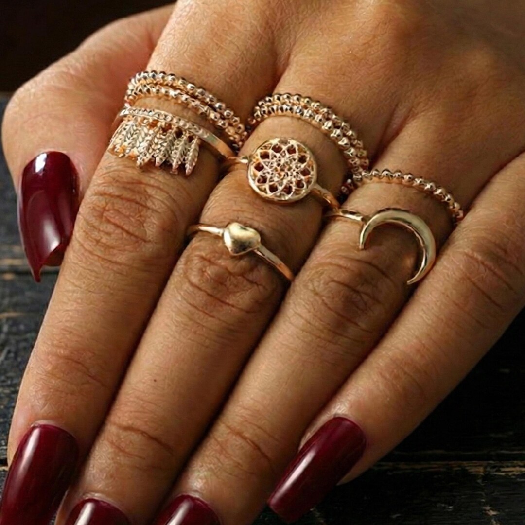 Gold Boho Ring Set, Celestial Dreamcatcher Rings, Hippie Knuckle ...