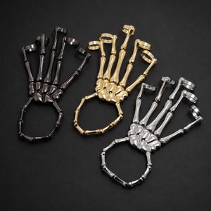 Gothic Skeleton Hand Bracelet, Five Finger Ring, Punk Bone Statement Jewelry