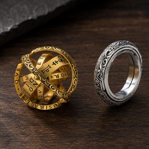 Transforming Astrology Ring, Rotating Sphere, Vintage Gold Fidget Orb Ring