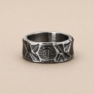 Rune Viking Titanium Steel Ring, Rustic Norse Statement Band for Men