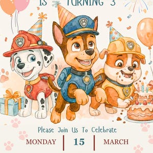 Könnte beinhalten: Eine Geburtstagseinladung mit Paw Patrol-Charakteren und dem Text "Aaron wird 3". Die Einladung enthält Ballons, Konfetti und einen Kuchen. Die Einladung enthält auch Datum, Uhrzeit und Ort der Party.