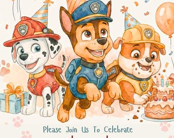 Modèle d'invitation d'anniversaire patrouille pour chiots, pattes pour enfants, toile modifiable (téléchargement instantané)