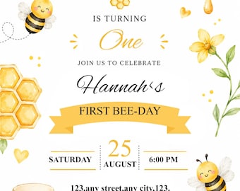Bee 1st Birthday Invitation, Sweet To Bee One Birthday Invite, First Bee Day Invitation, Bee Day Party Invite, Editable 5x7 Canva Template
