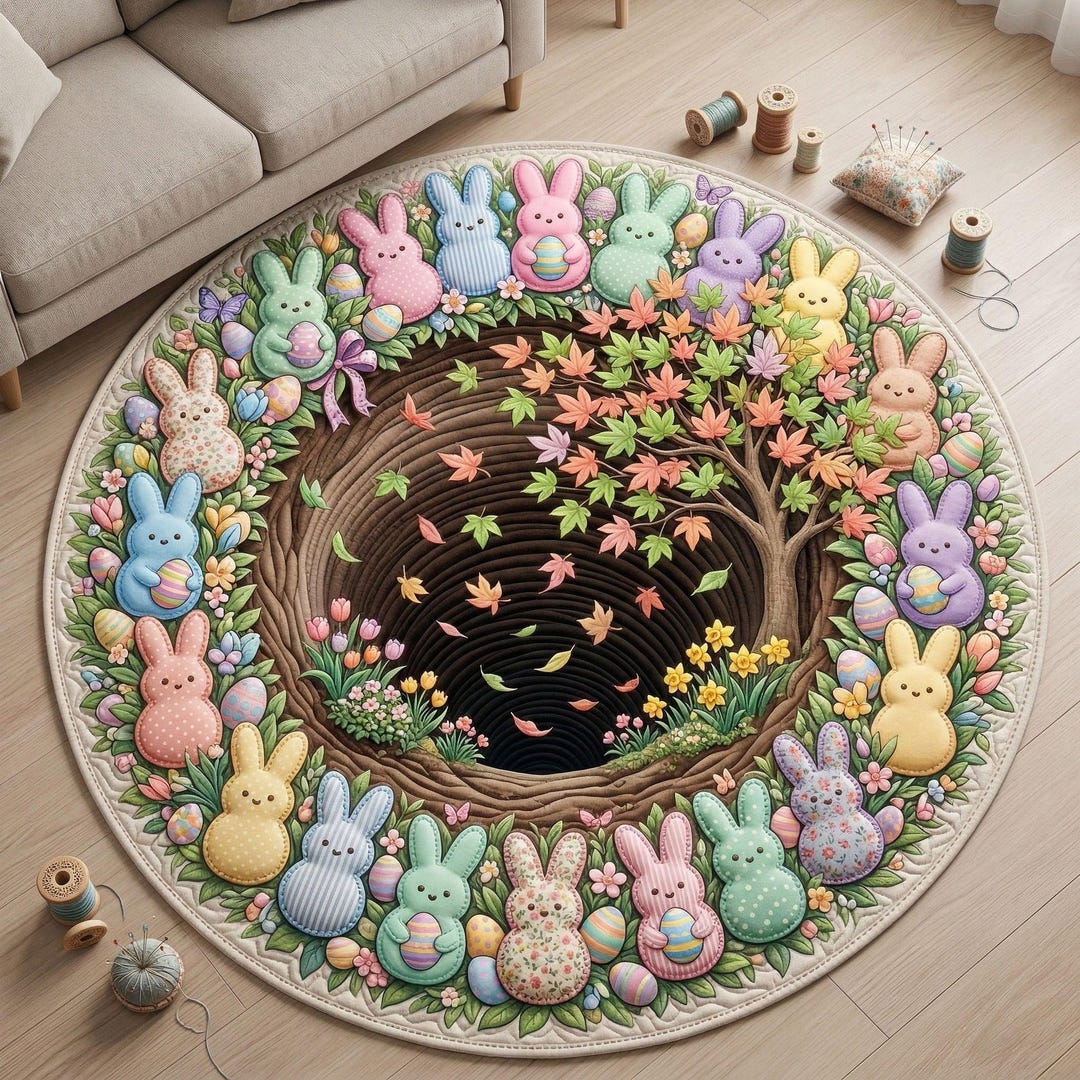 Easter Rabbit Round Easter Bunny Round Rug, Cute Bunny Garden Round Mat, Spring Easter ...