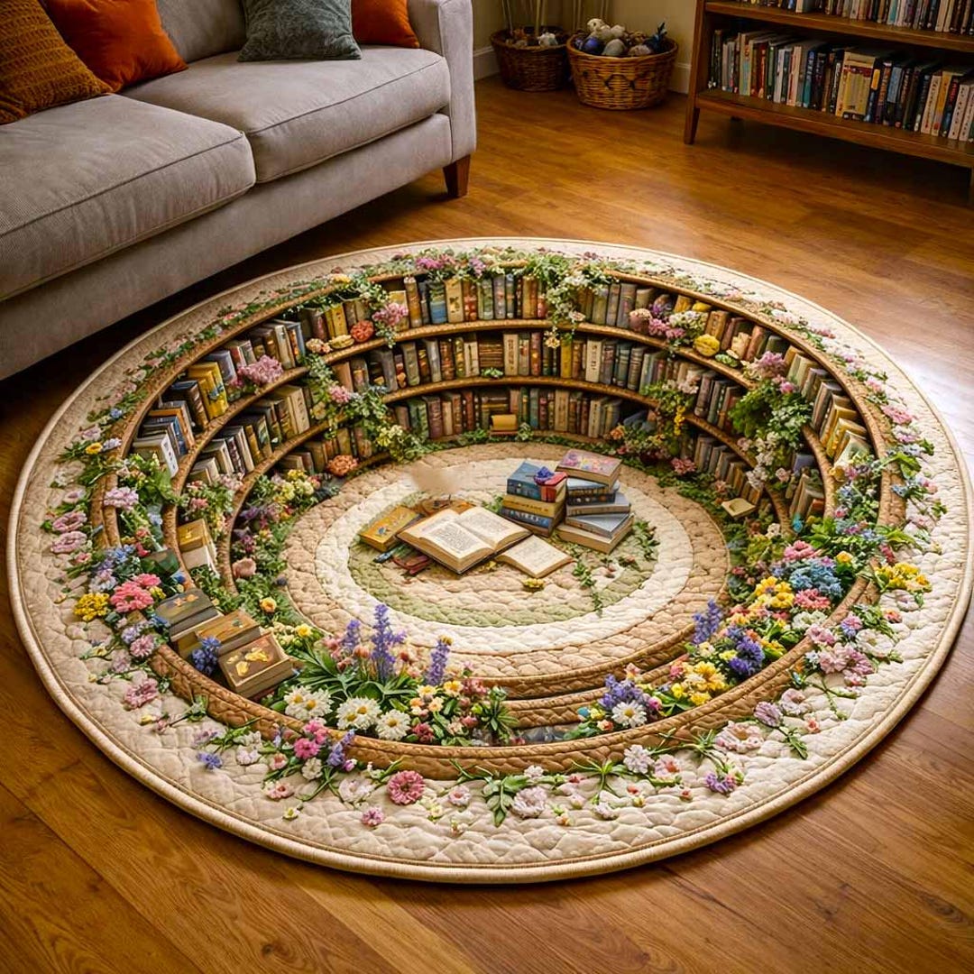 Floral Library 3D Illusion Round Mat Rug, Quilted Printed Sponge Floor ...