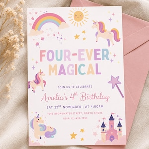 Unicorn 4th Birthday Invitation Canva, Four Ever Magical Rainbow Party Invite, Girls Unicorn Rainbow Invite, Editable Canva Template
