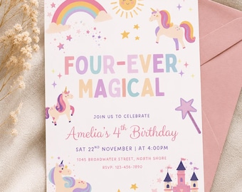 Unicorn 4th Birthday Invitation Canva, Four Ever Magical Rainbow Party Invite, Girls Unicorn Rainbow Invite, Editable Canva Template