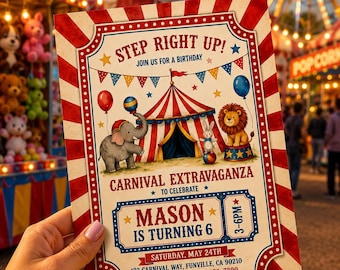 Carnival Birthday Party Invitation, Colorful Circus Theme Invite, Fun Fair Birthday Template, Editable Canva Design, Printable Party Invite