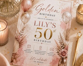 Golden Birthday Invitation, 50th Birthday Golden Party Invite, Elegant Adult Birthday Canva Template, Editable Download