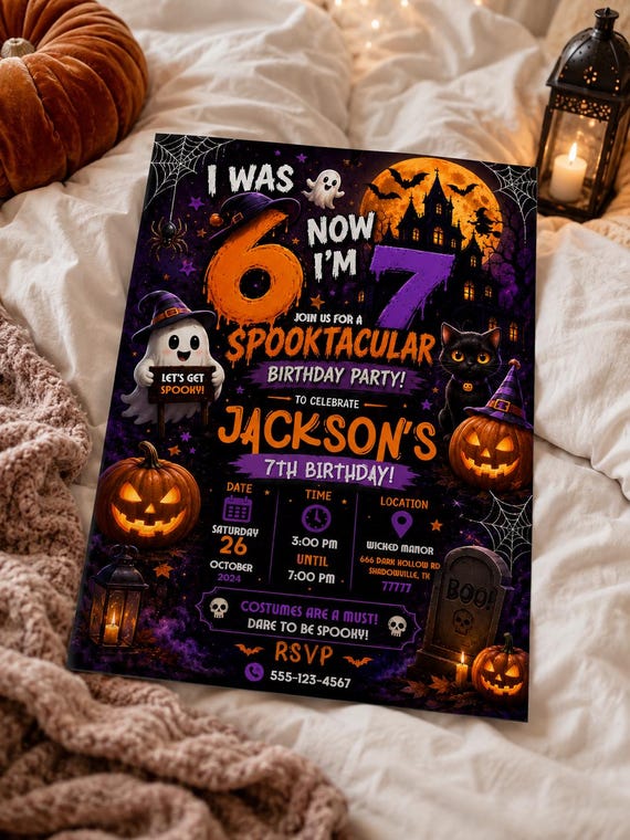 I Was 6 Now I'm 7 Halloween Birthday Invitation, Spooky 7th Birthday Party Invite, Editable Canva Template, Printable Kids Invite