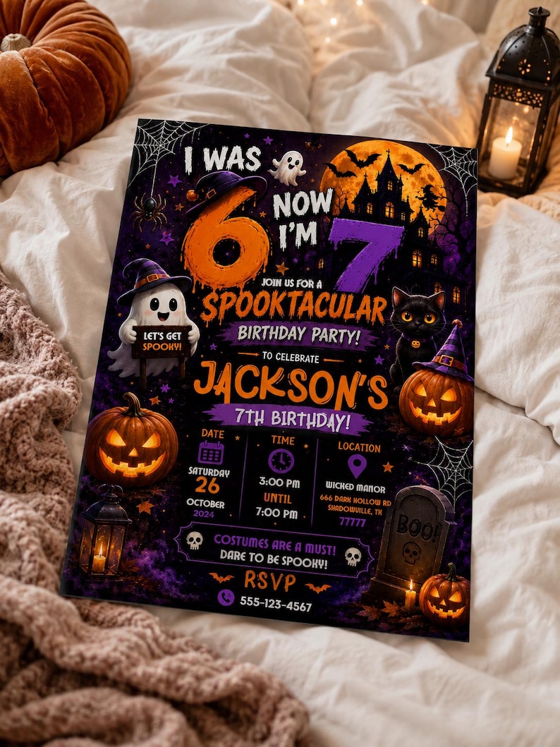 May include: A rectangular Halloween-themed birthday party invitation for Jackson's 7th birthday. The design features a large orange number 6, a purple number 7, ghosts, pumpkins, a black cat, a haunted house, and spiderwebs. Text includes date, time, location, and RSVP details.