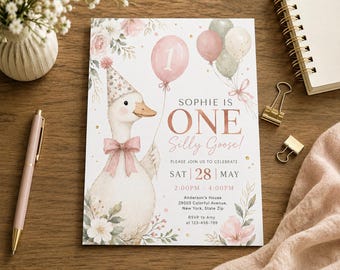 Pink Gingham Silly Goose 1st Birthday Invitation Template, Silly Goose Invitation, Editable Canva Template