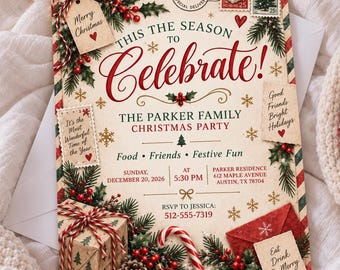 May include: A rectangular Christmas party invitation card featuring a cream background with red and green borders. The text reads This the Season to Celebrate, The Parker Family Christmas Party, Sunday 20 December 2026, 5.30 PM, and RSVP 512-555-7319.