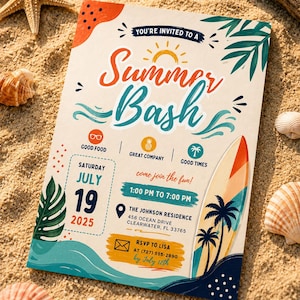 Summer Bash Invite Template, Printable Beach Party Decor, Schools Out Soiree, Barbeque Cookout Evite, Family Celebration, Pool Party, Canva