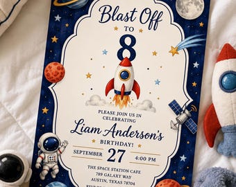 Space Birthday Invitation, Astronaut Outer Space Theme, Editable Canva Template (Digital Download)