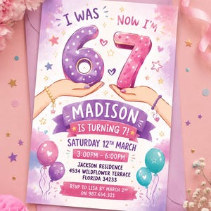 I Was 6 Now I'm 7 Birthday Invitation Rainbow Pastel 6-7 7th Party Editable Invite