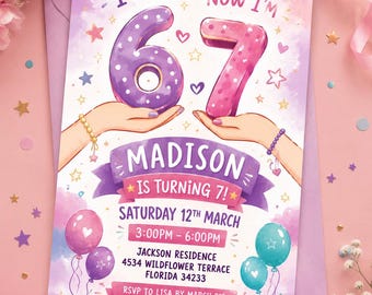 I Was 6 Now I'm 7 Birthday Invitation Rainbow Pastel 6-7 7th Party Editable Invite