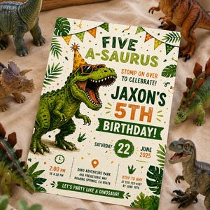 Five A-Saurus Birthday Invitation, Dinosaur Birthday Invitation, T-rex Birthday Invite, Dinosaur 5th Birthday Party Invite, Editable Canva