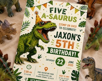 Five A-Saurus Birthday Invitation, Dinosaur Birthday Invitation, T-rex Birthday Invite, Dinosaur 5th Birthday Party Invite, Editable Canva