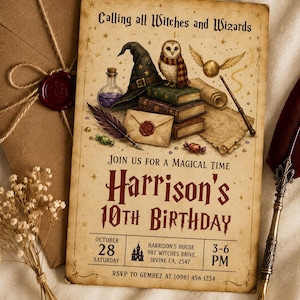 May include: A rectangular birthday invitation card with a vintage parchment texture featuring illustrations of a witch hat, an owl, books, a wand, and a scroll. The text reads: Calling all Witches and Wizards, Harrison's 10th Birthday, October 28, 3-6 PM.