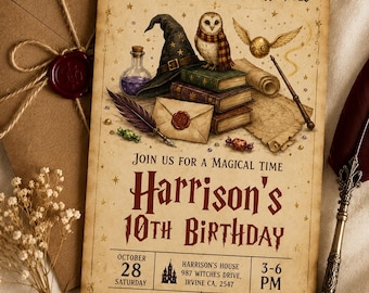 Wizards Witches Birthday Invitation, Wizards Invitation, Magical School Wizardry Birthday Invite, Digital Download, Editable Canva Template