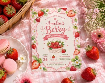 Berry First Birthday Invitation | Editable Canva Template | Strawberry Pink Gingham + Watercolor Strawberries (Digital Download)