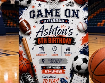 Sports Birthday Invitation, Sport Theme Birthday Invite, Digital Downloads Invite, Boy Birthday Invite BM217