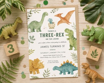 Editable Three Rex Dinosaur Birthday Party Invitation | Canva Template | 5" x 7"