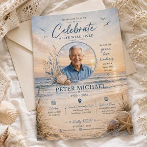 May include: A funeral memorial invitation card featuring a beach sunset background with a circular portrait of an older man. The text reads Celebrate A Life Well Lived, Peter Michael, 1950-2036, and event details for June 14, 2036, at Seaside Community Center.