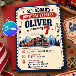 May include: A rectangular birthday invitation card featuring a vintage train theme with the text ALL ABOARD BIRTHDAY EXPRESS OLIVER is turning 7. The design includes a steam locomotive, mountains, and event details for Saturday, August 23, 2025.