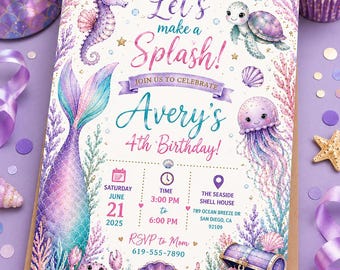 Mermaid Birthday Invitation Template. Editable Under the Sea Birthday Invite. Girl Mermaid Birthday Party. Purple Teal Gold