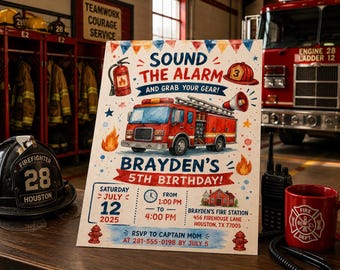 Editable Fire Truck Birthday Invitation, Firetruck Invitation, Fire Engine Invitation, Firefighter Birthday Invite, Editable Canva Template