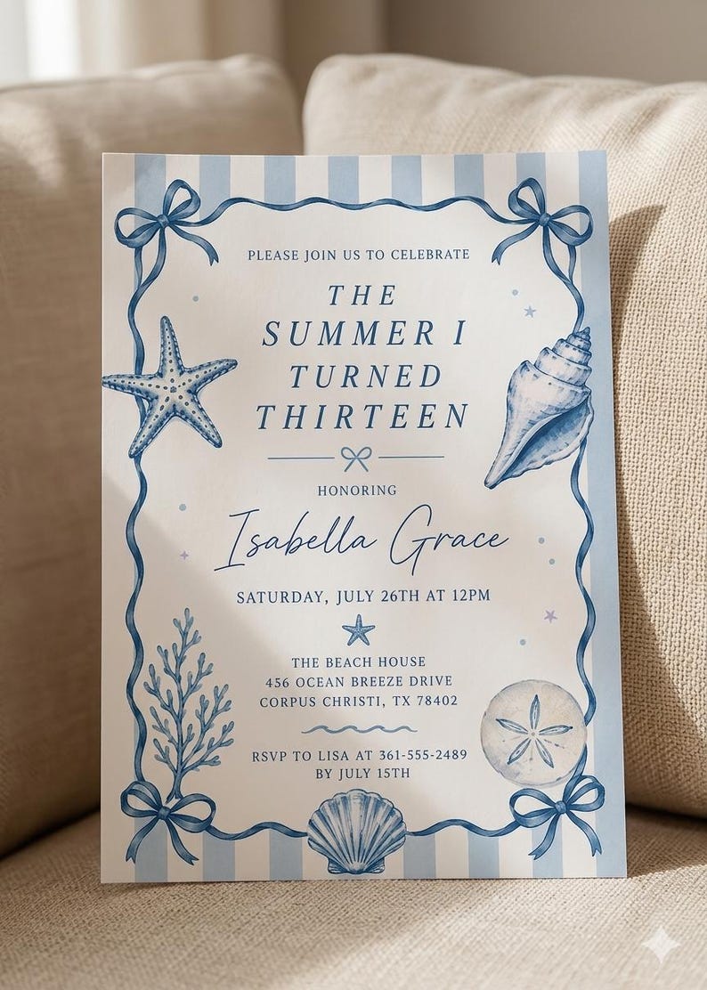 May include: A rectangular invitation card featuring a light blue and white vertical striped background. The border consists of blue ribbons tied in bows at the corners, decorated with illustrations of a starfish, seashell, coral, and sand dollar.