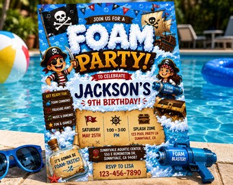 Foam Party Birthday Invitation, Bubble Bash Invite, Summer SplashFoam Theme Party Kids Invite Canva Template, Editable Download pirate party