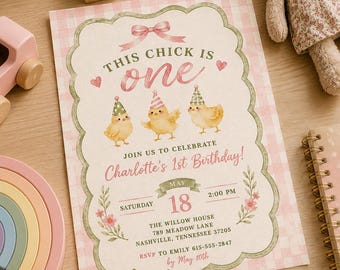 This Chick Is One Invitation – Baby Chick Girl 1st Birthday Editable Canva Template