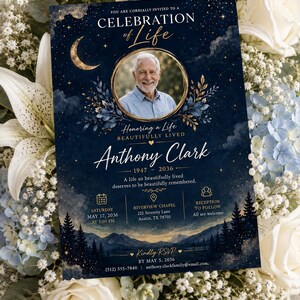 May include: A rectangular funeral invitation card with a dark blue night sky background featuring a gold crescent moon, stars, and mountain silhouettes. It includes a circular photo of an older man, the text Celebration of Life, and details for Anthony Clark, including dates, location, and RSVP information in gold and white.