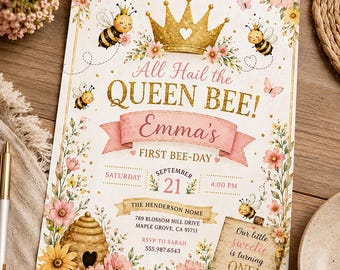 1st Bee Day Invitation Editable, Floral Girl First Birthday Invite, Canva Template ,Queen Bee Crown Party