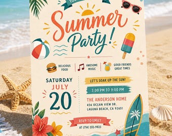 Summer Bash Invite Template, Printable Beach Party Decor, Schools Out Soiree, Barbeque Cookout Evite, Family Celebration, Pool Party, Canva