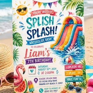 May include: A rectangular invitation card featuring a watercolor design with a colorful waterslide, a smiling sun with sunglasses, a flamingo float, and a slice of watermelon. The text reads: YOU'RE INVITED! SPLISH SPLASH! WATERSLIDE BASH! TO CELEBRATE Liam's 7TH BIRTHDAY! SATURDAY, AUGUST 10TH, 2024 AT 2:00PM, SEASIDE SPLASH PARK 125 OCEAN VIEW DRIVE PANAMA CITY BEACH, FL 32407, RSVP TO MOMMY AT (850) 123-4567 BY AUGUST 1ST.
