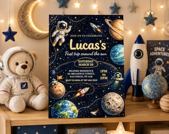 Space Birthday Party Invitation, Galaxy Birthday Invite, Astronaut Outer Space Theme, Rocket Planets Party Invite, Editable Canva Template