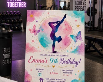 Gymnastics Birthday Invitation, Girl Rainbow Gymnastics Invite, WaterColour Kids Party gymnastics, Digital download, Editable Canva Template