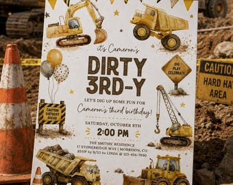Invitación de cumpleaños de 3er año con temática de construcción, invitación de cumpleaños con temática de camión volquete, invitación de cumpleaños de 3er año con temática de construcción, fiesta de construcción T5