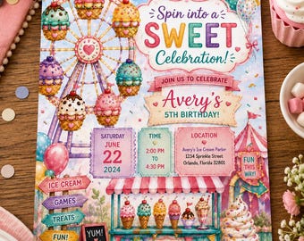 Ice Cream Truck Birthday Invitation Template, Here's The Scoop Birthday Invitation, Ice Cream Birthday Invitation, Summer Invite