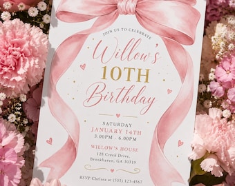 Pink Bow Birthday Invitation, Editable Coquette Birthday Party Invite, Elegant Canva Template, Girl’s Birthday Evite, Cana Digital
